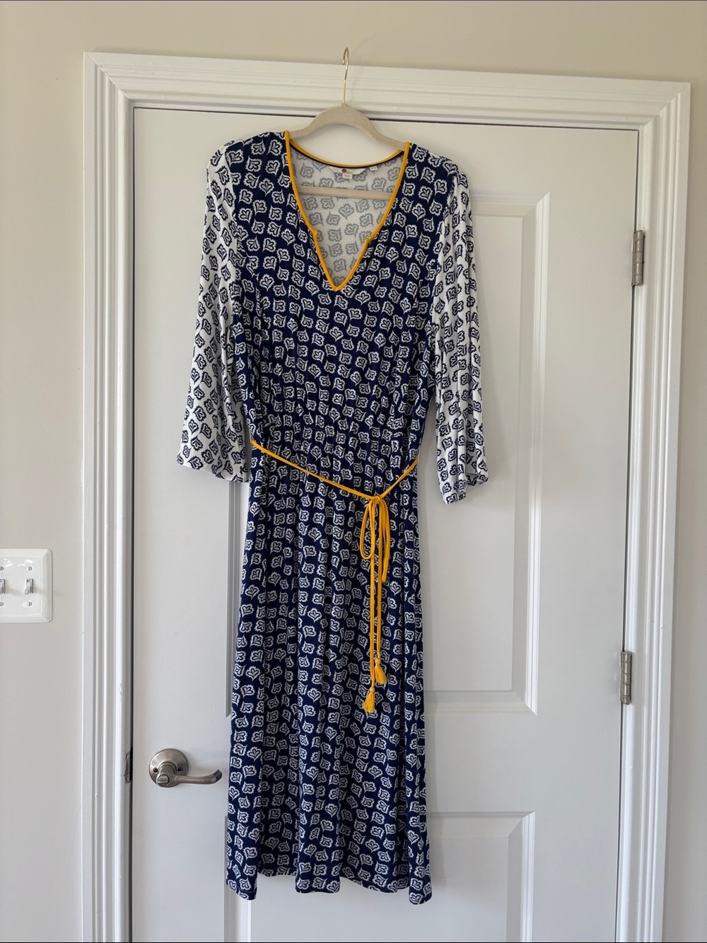 Boden Navy & White Printed Midi Wrap Dress with Yellow Trim